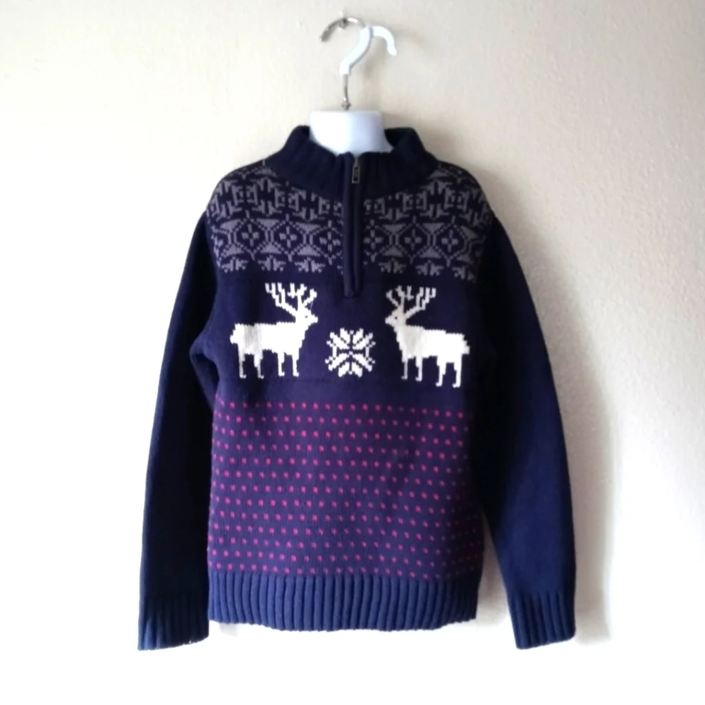 Gymboree Zip Reindeer Holiday Sweater Boy's Navy Nordic Fair Isle. Size …